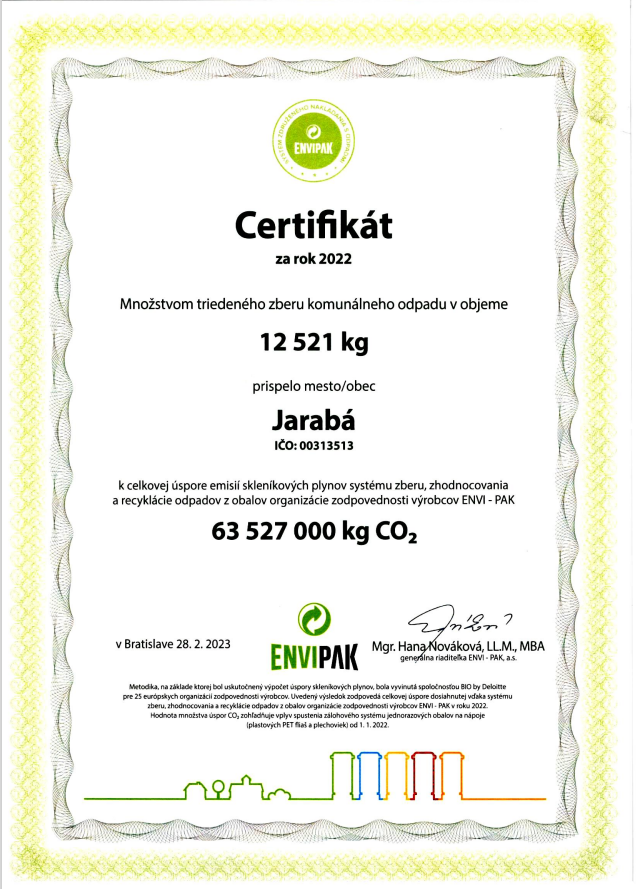 Certifikát za zber v roku 2022