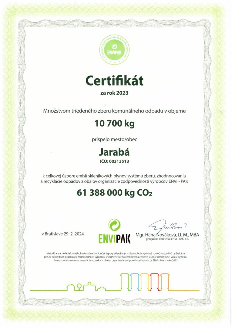 Certifikát za zber v roku 2023